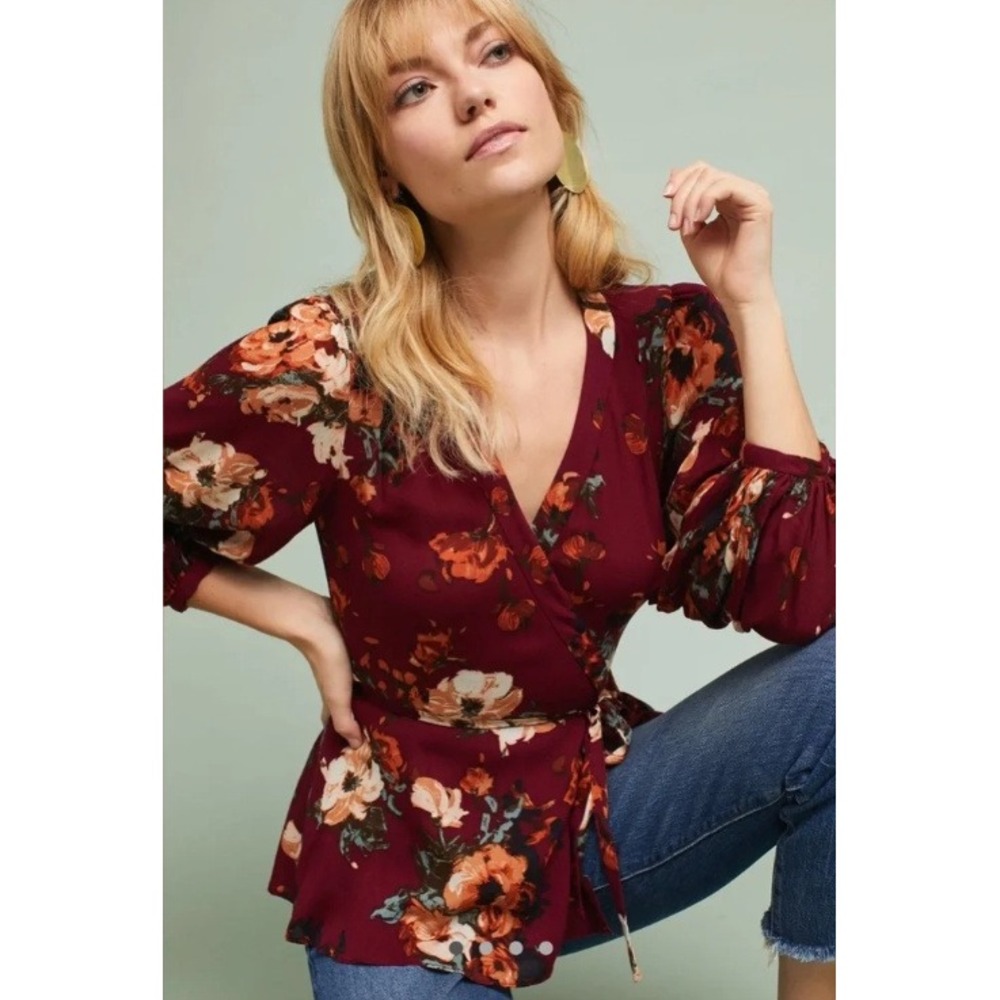 Anthropologie HD in Paris Gail Wrap Romantic Blouse 4 Burgundy Floral Crepe
